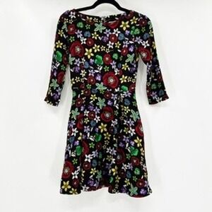 Suno Black Floral Print Silk Elastane Fit Flare Mini Dress Size 0